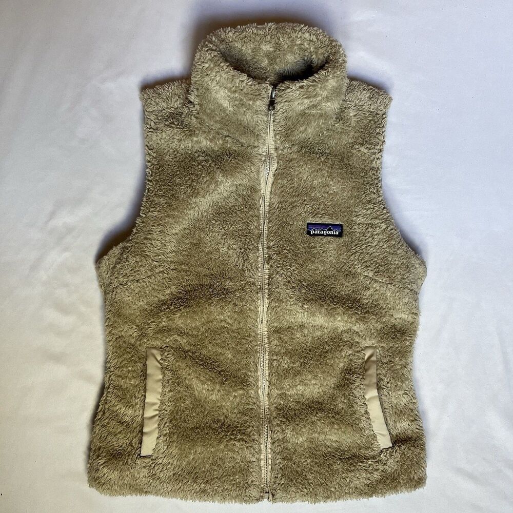PATAGONIA Los Gatos Vest Women Small Deep Pile Fluffy Pockets Full Zip Khaki